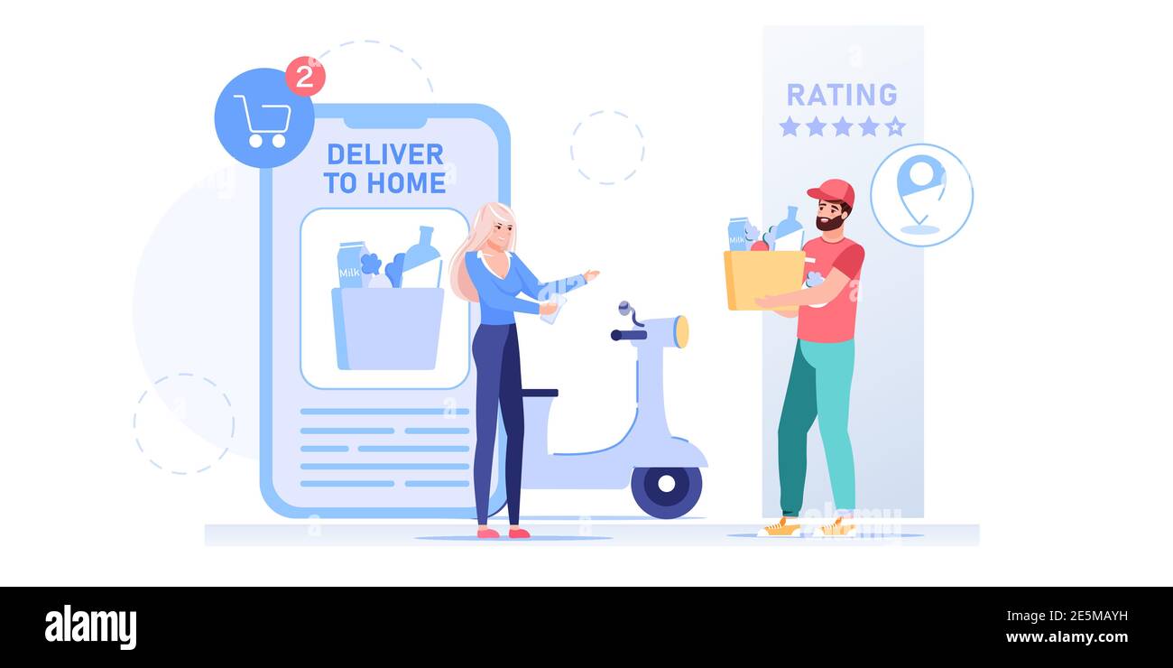 Flat cartoon characters receiving online buys,order delivery service