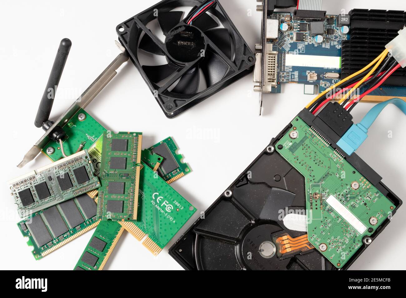 Internal parts of a computer. Hard disk, ram memory, cooler and graphic card. Concept technology. Stock Photo