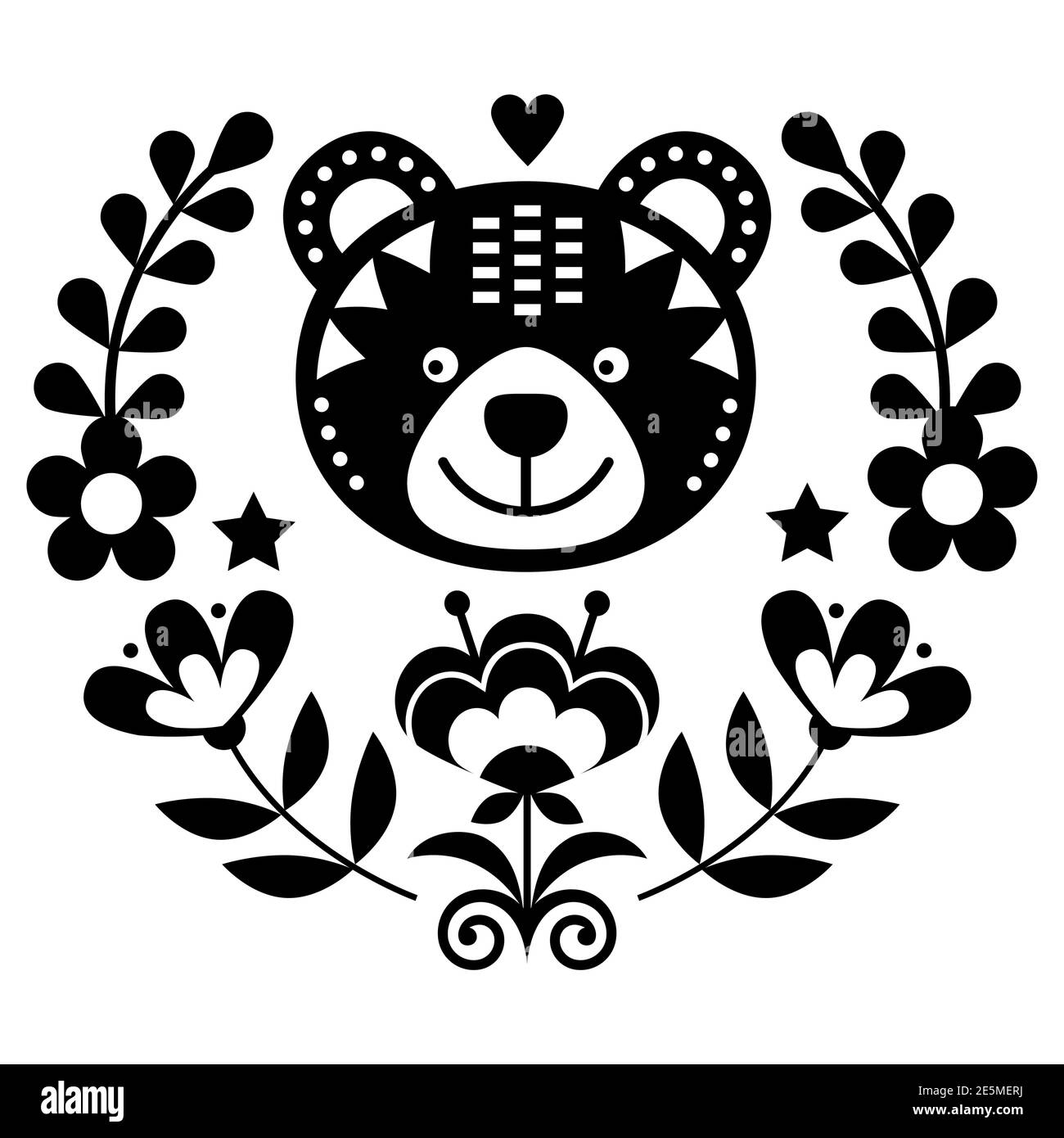 Scandinavian bear folk art vector round pattern with flowers and wreath, Nordic floral black and white greeting card or invitation inspired by traditi Stock Vector