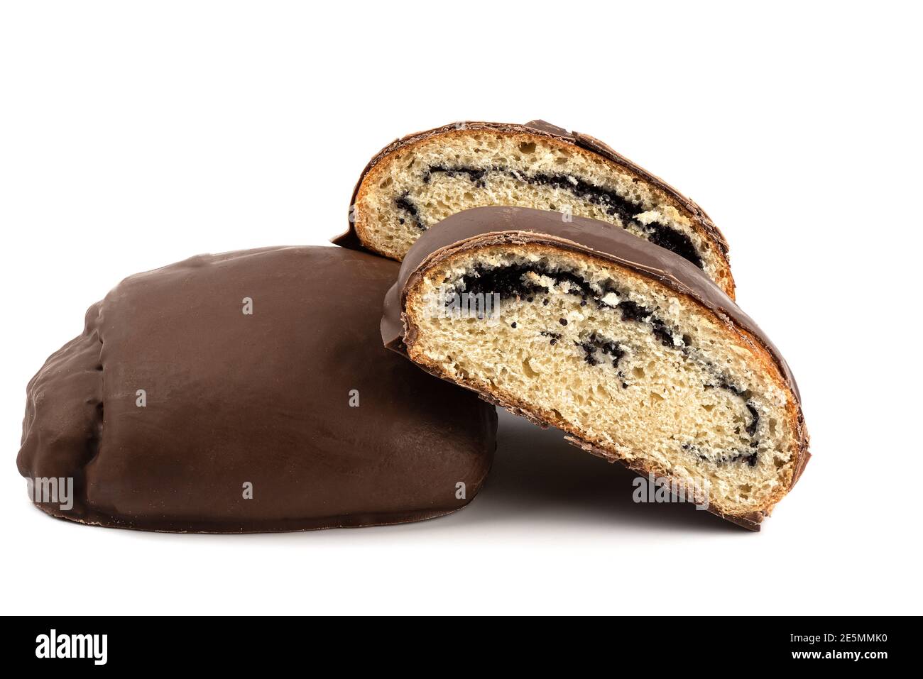 A whole sweet bun and two halves of a bun in chocolate glaze with poppy seeds on a white