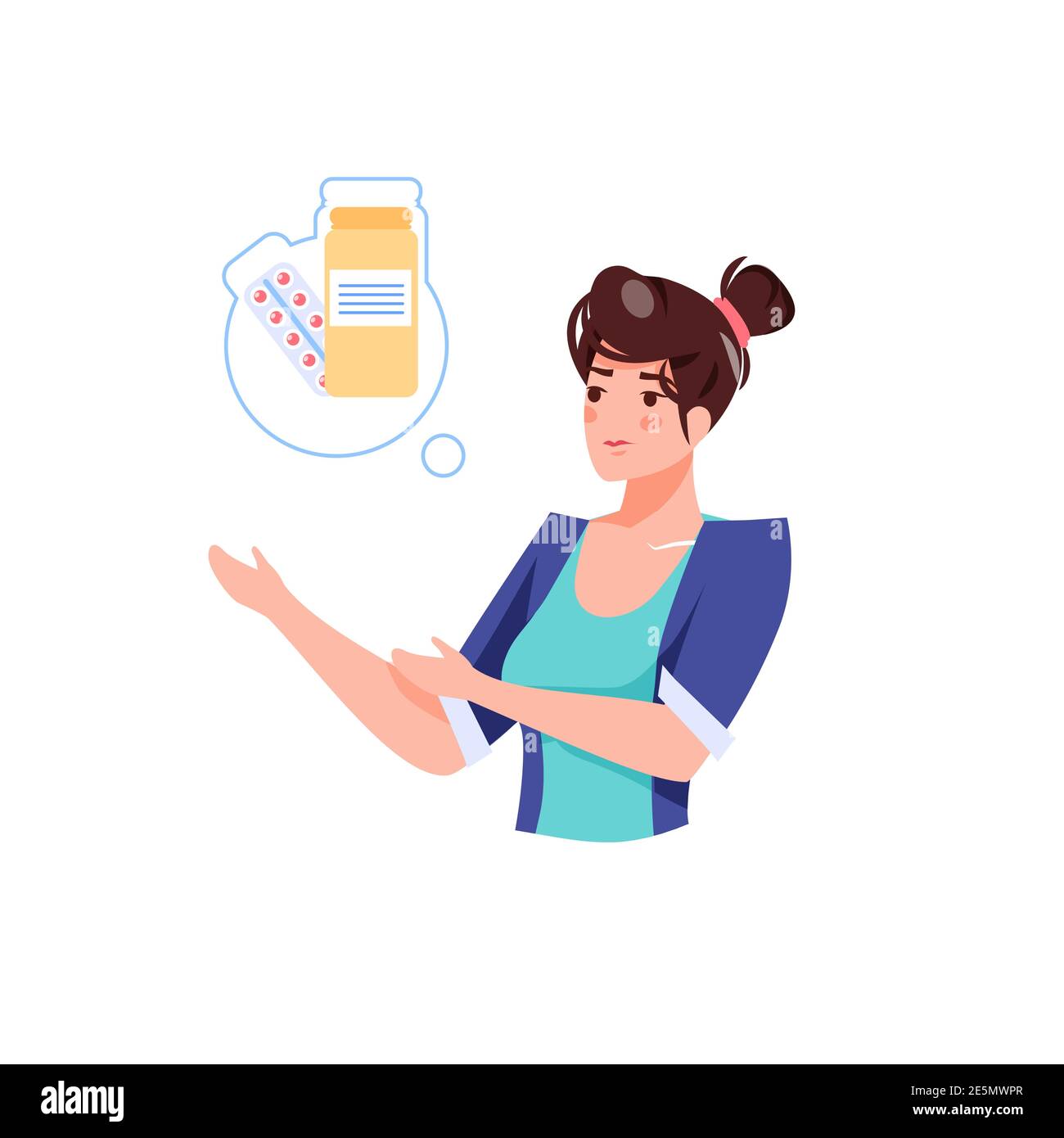 Flat cartoon girl character think about medications drugs,vector