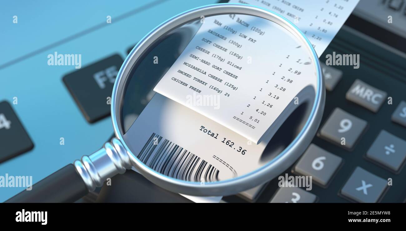 Sales receipt and magnifying glass on computer laptop background. Cash  register paper printout. Groceries, supermarket shopping online payment,  check Stock Photo - Alamy