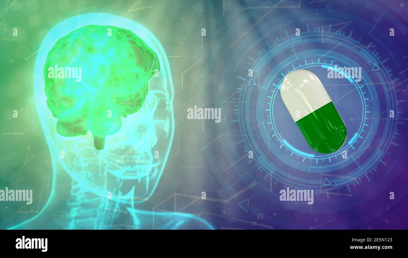 holographic human head image with highlighted brain and medical tablet ...