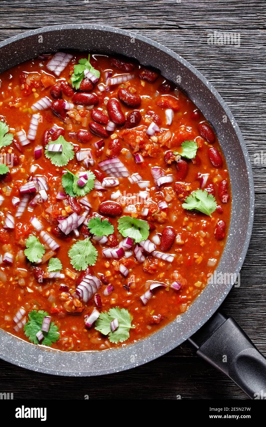Afghan Kidney Bean Curry, Lubya in a frying pan on a wooden table