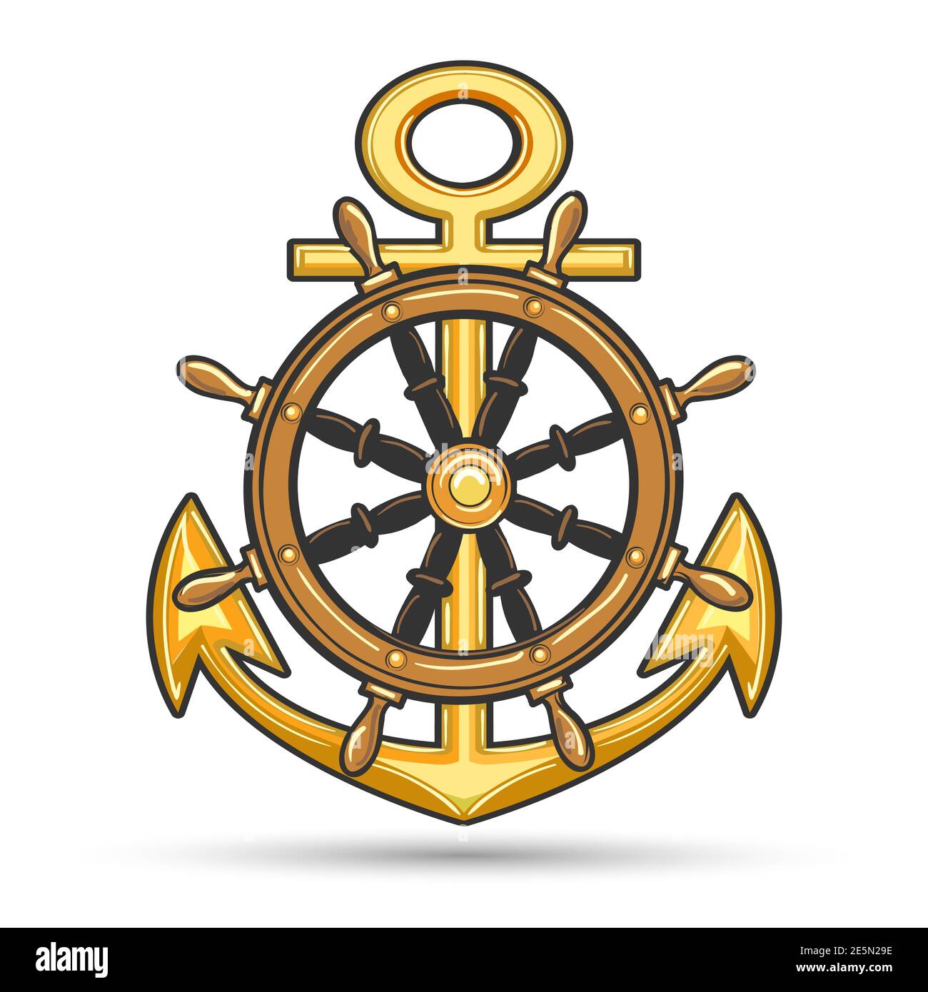 Nautical emblem with anchor and steering wheel. Shirt design, marine label or poster template. Vector illustration. Stock Vector