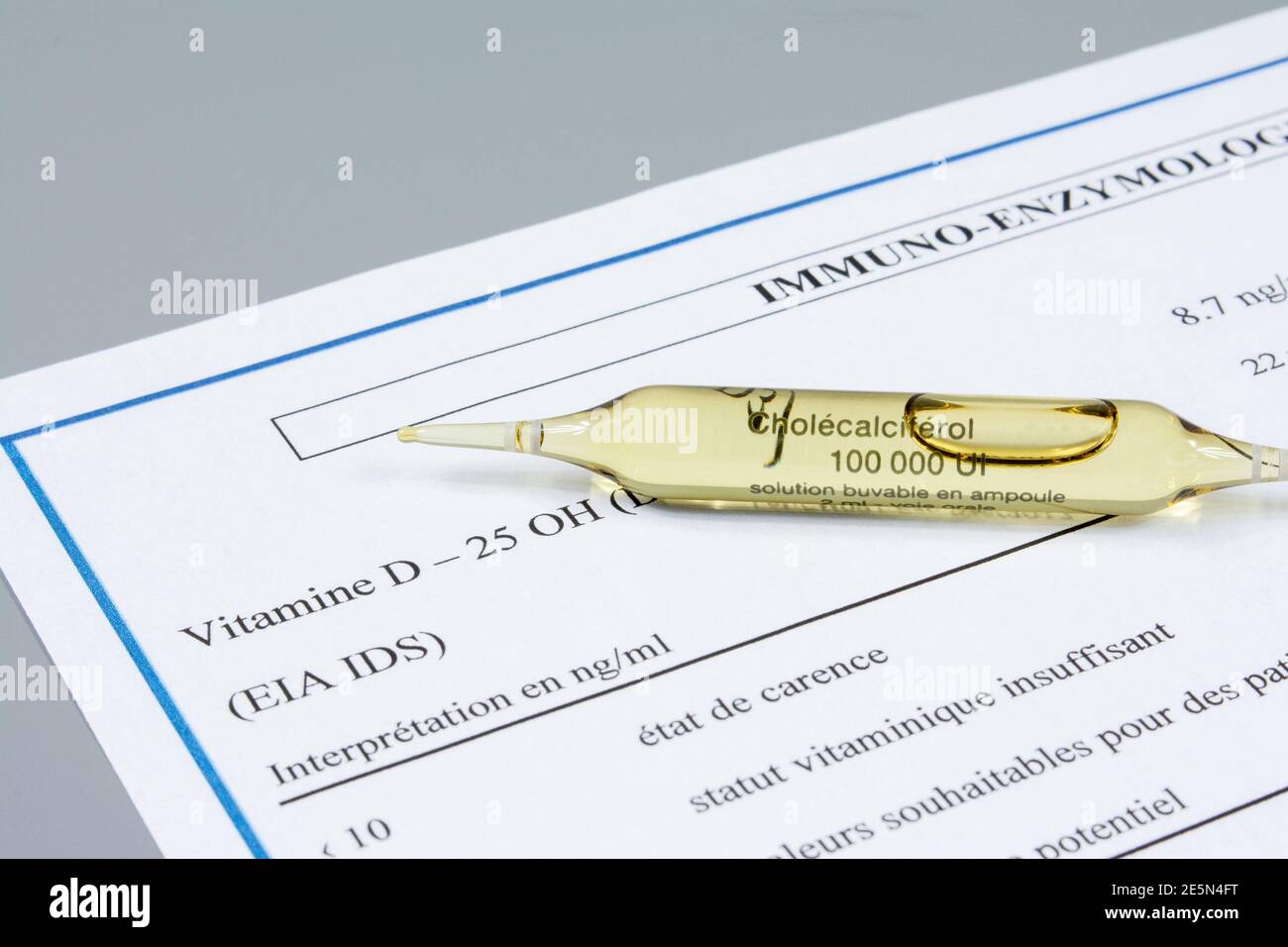 Vitamin D ampoule on French blood test Stock Photo Alamy