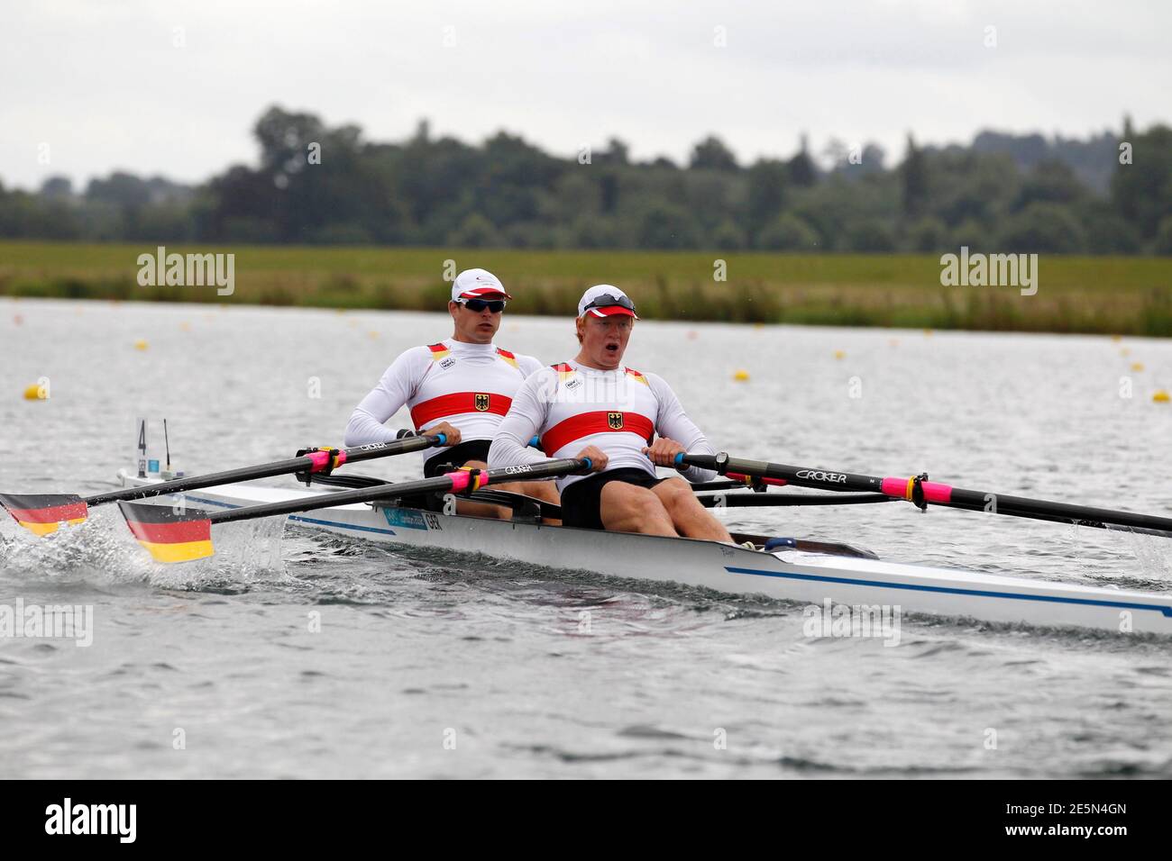 Germany's Eric Knittel and Stephan Krueger compete in the men's double sculls semifinal at the London 2012 Olympic Games at Eton Dorney, west of London July 31, 2012. REUTERS/Darren Whiteside (BRITAIN  - Tags: SPORT OLYMPICS ROWING) Stock Photo
