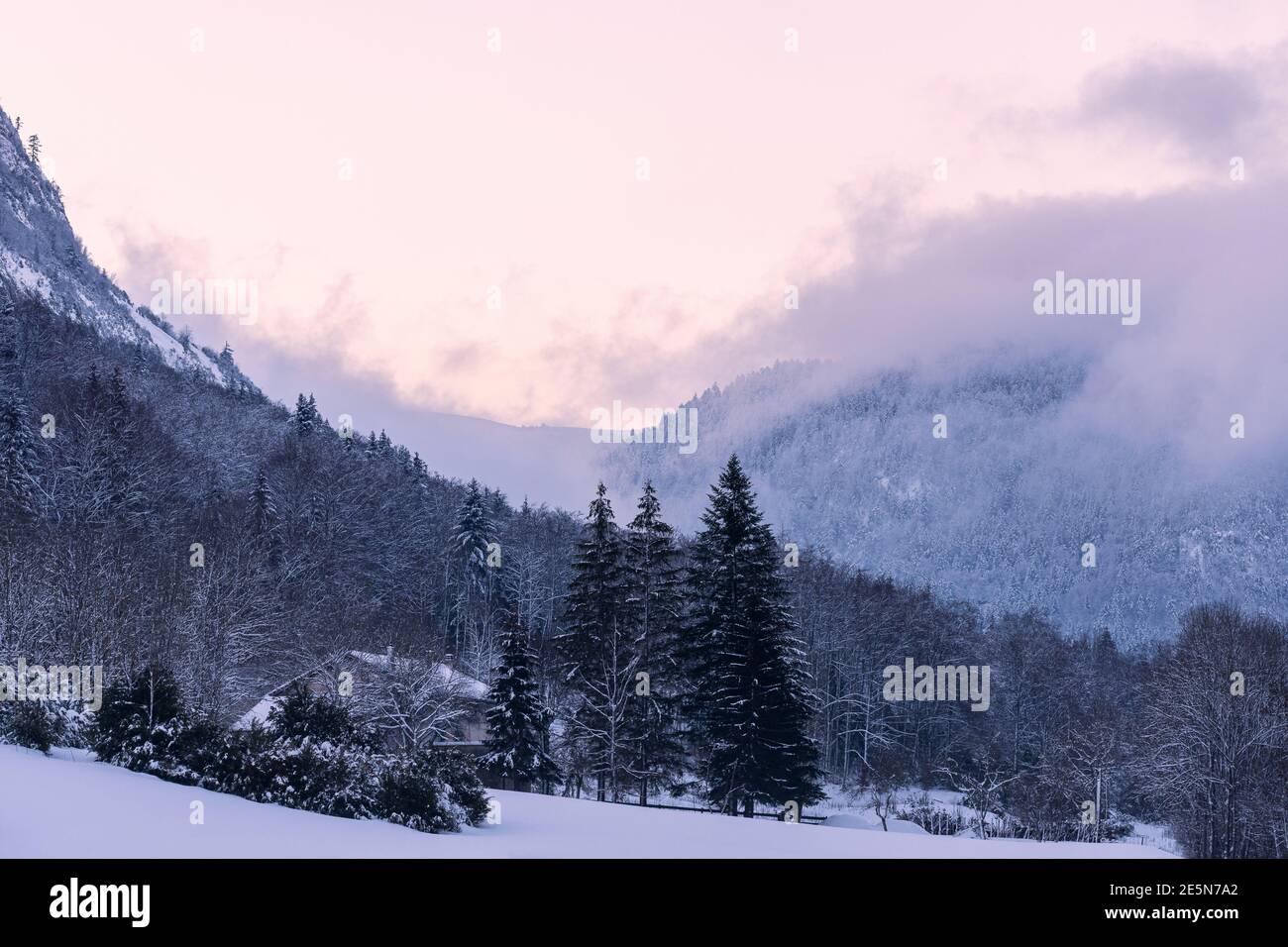 French winter landscapes. Panoramic view of mountain peaks and canyons. Vercors Regional Natural Park. Stock Photo