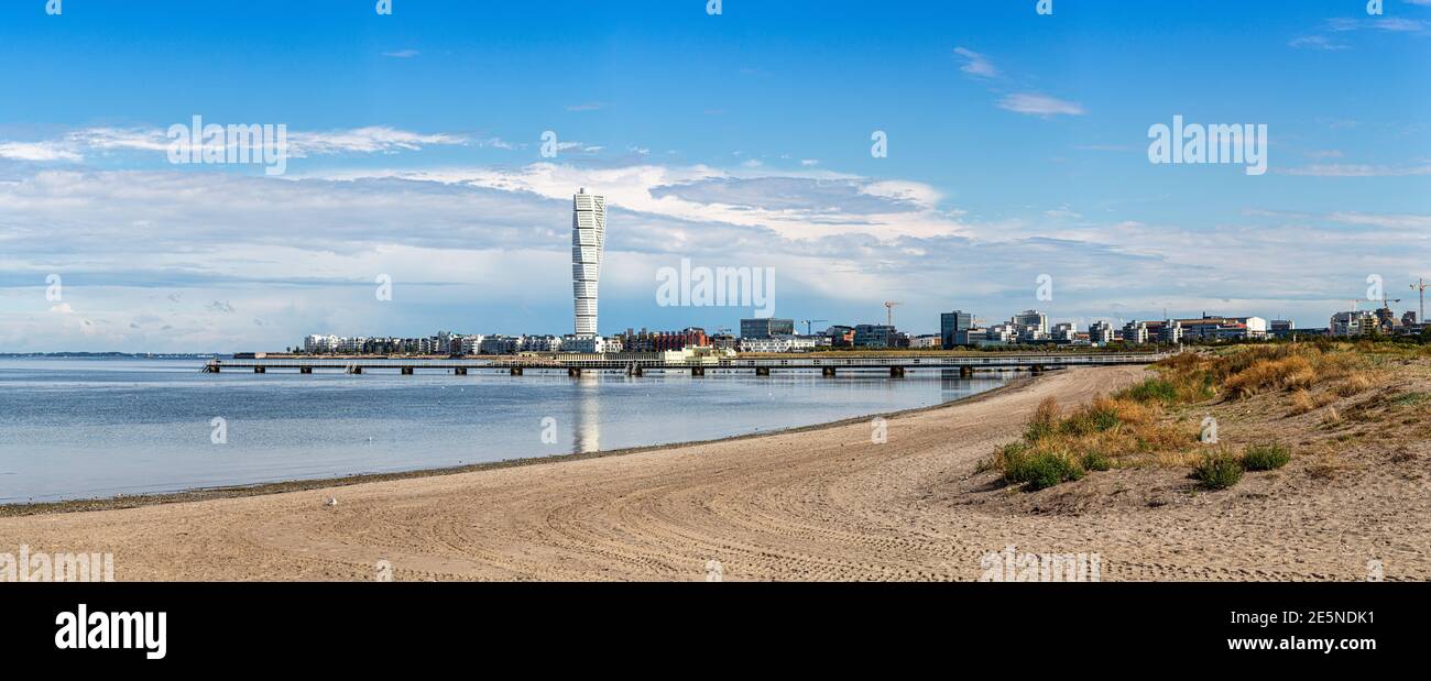 A panoramic view of Malmo and its famous Turning Torso building on a late afternoon Stock Photo