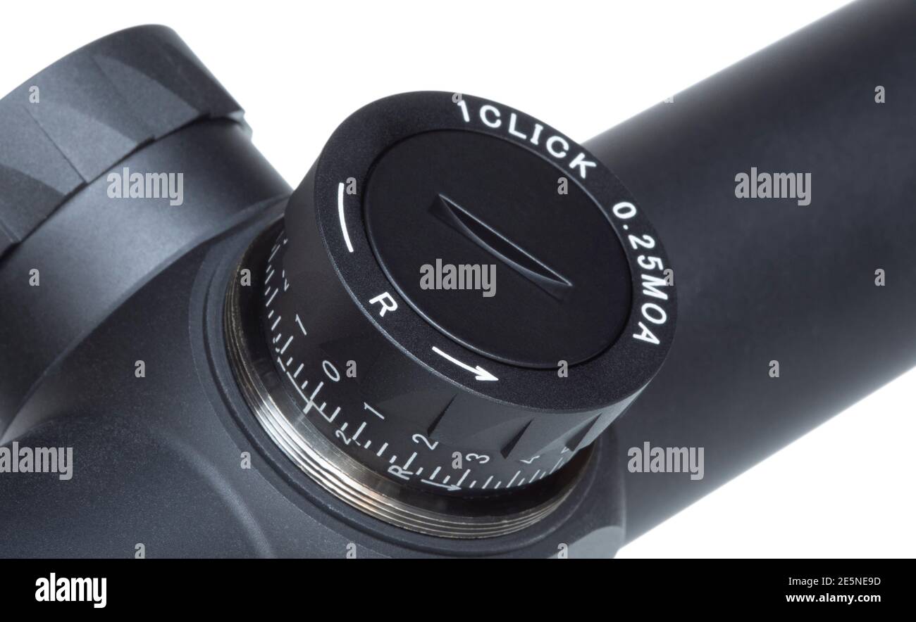 Windage adjustment knob on a rifle scope isolated on white Stock Photo