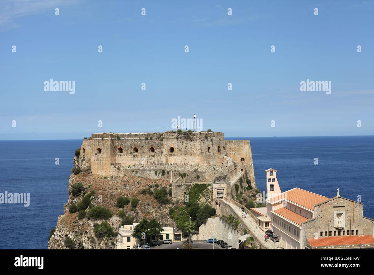 Castle Ruffo and church on top of promontory, Scilla, Reggio Calabria, Italy Stock Photo