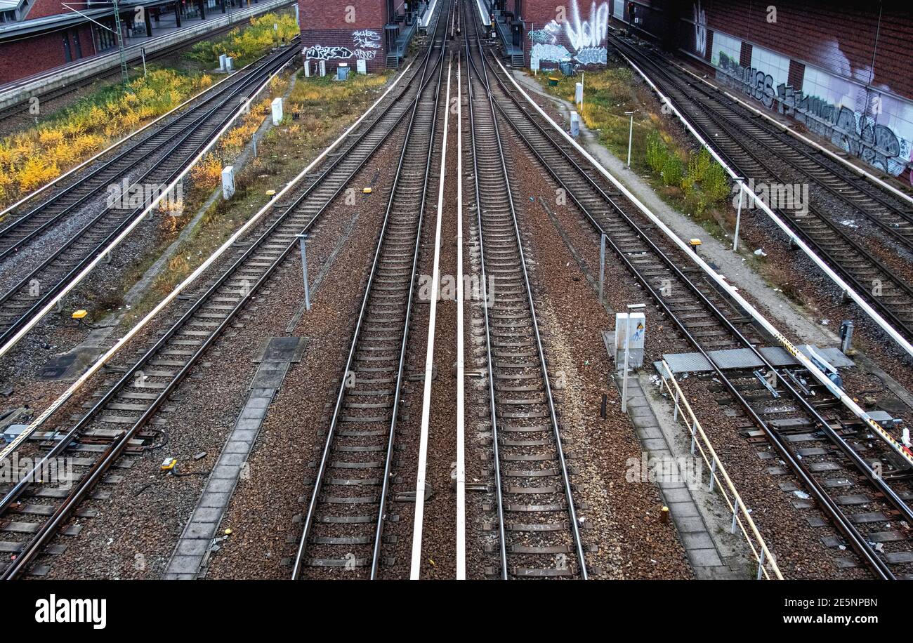 View of Gesundbrunnen railway station & rail tracks from Swinemünder Bridge, Berlin,Germany Stock Photo