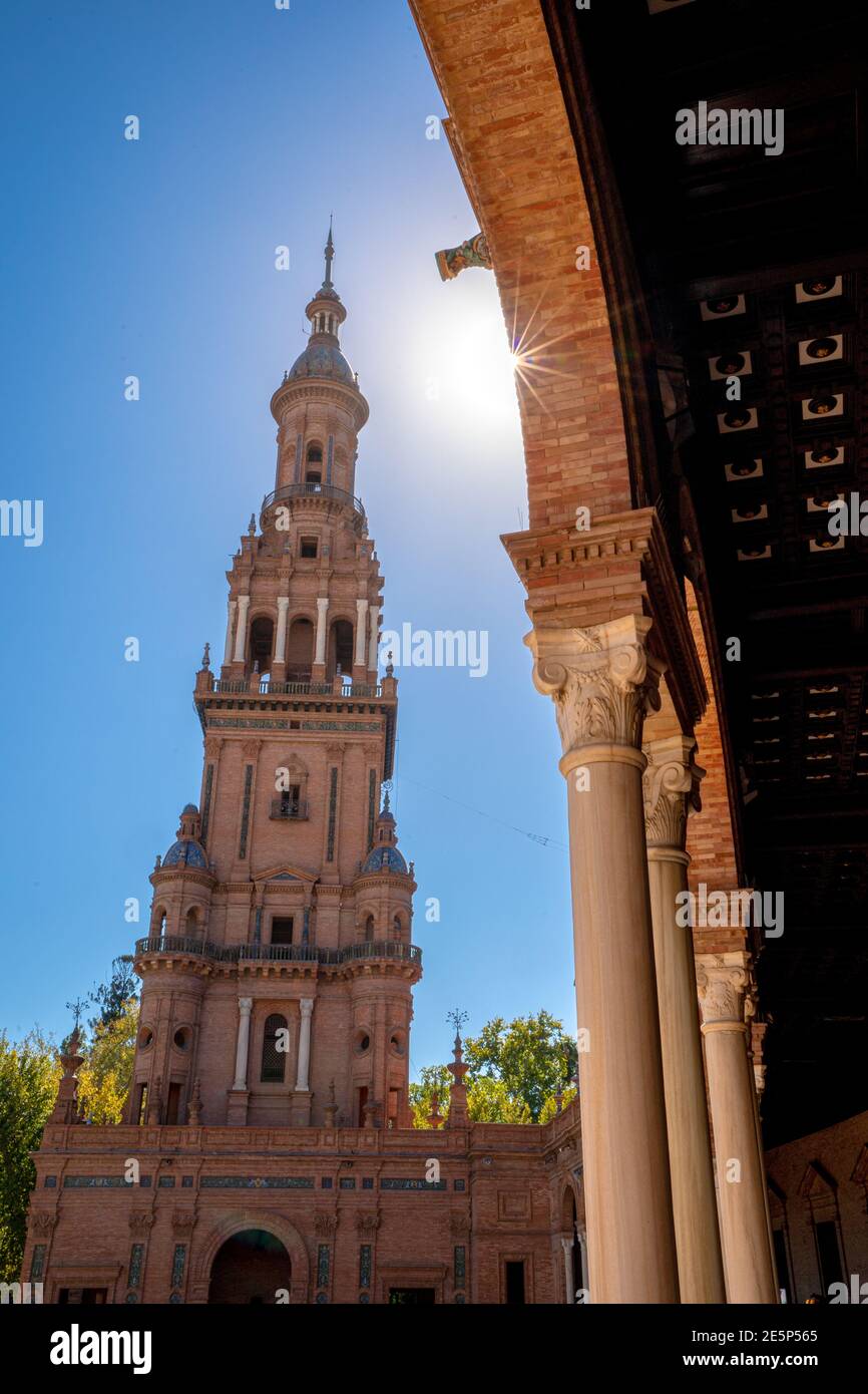 Sevilla, Plaza de España. Architectural details of the palace in the most known square of Seville (Spain). Sunny day with blue sky. Stock Photo