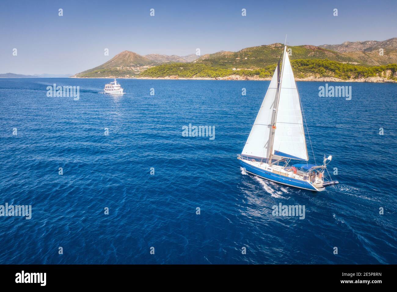 Aerial view of boats and yachts on tropical sea coast in summer Stock ...