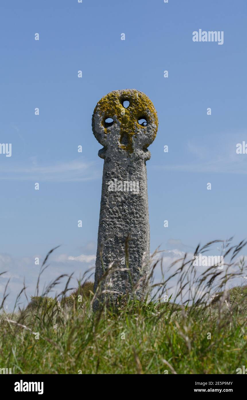 Cornish Stone Cross on sand dunes at Perranporth, near the Oratory of St Piran Stock Photo