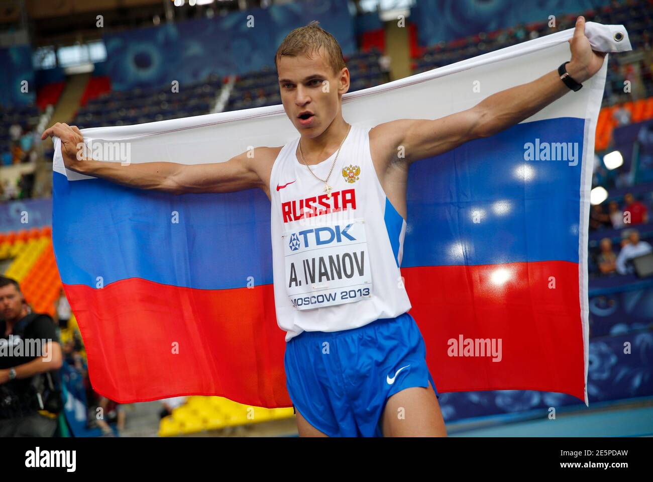 Aleksandr Ivanov of Russia celebrates winning the men's 20 km race walk  final during the IAAF World Athletics Championships at the Luzhniki stadium  in Moscow August 11, 2013. REUTERS/Kai Pfaffenbach (RUSSIA -