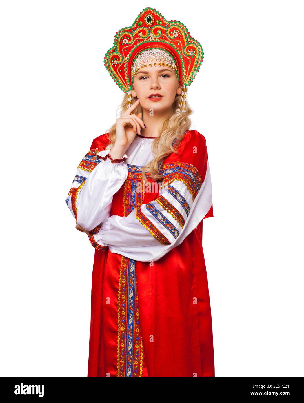 Traditional Russian folk costume, portrait of a young beautiful blonde