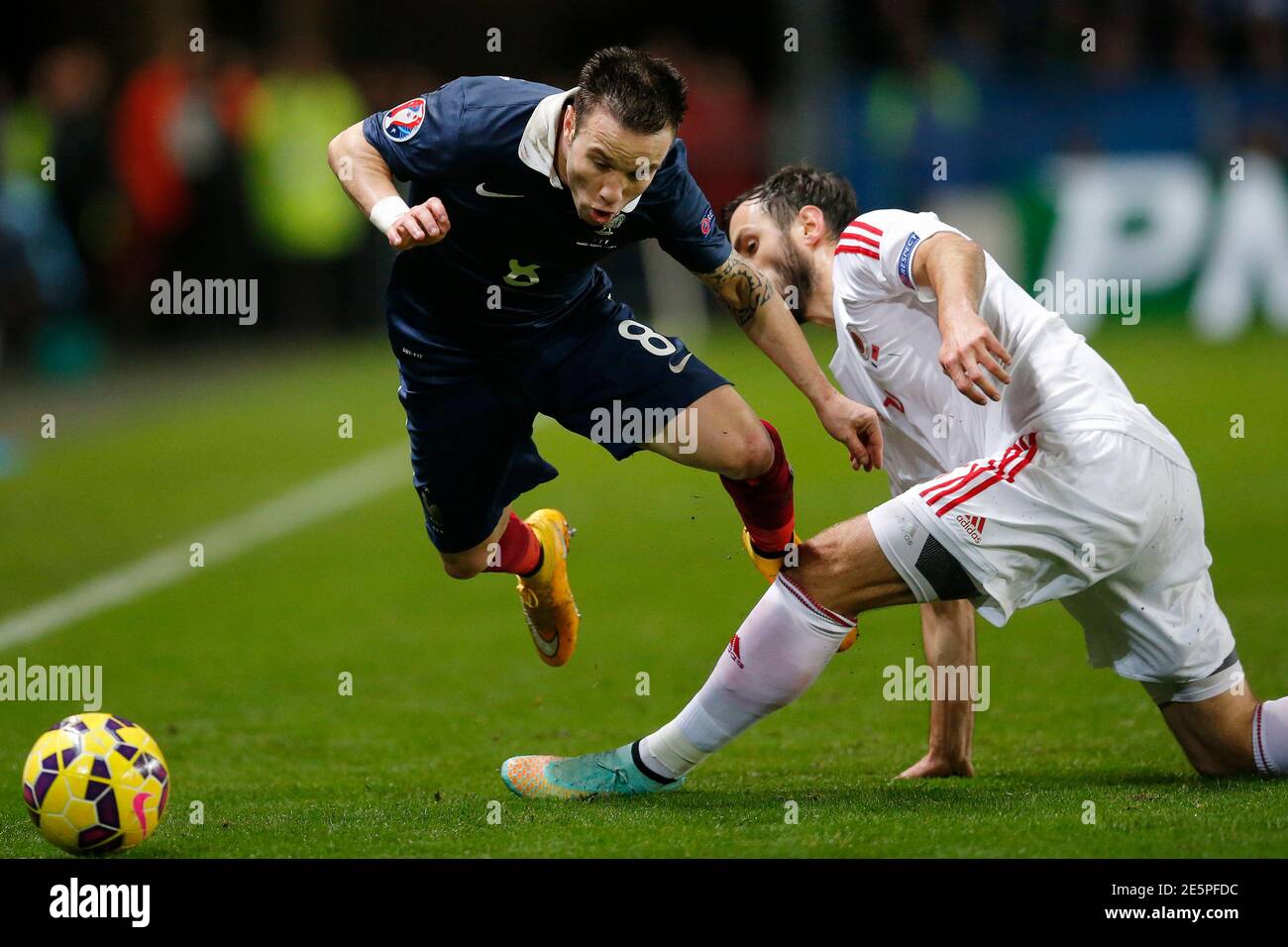 france s mathieu valbuena l fights for the ball with albania s mergim mavraj during their international friendly soccer match at the route de lorient stadium in rennes november 14 2014 reuters stephane mahe france