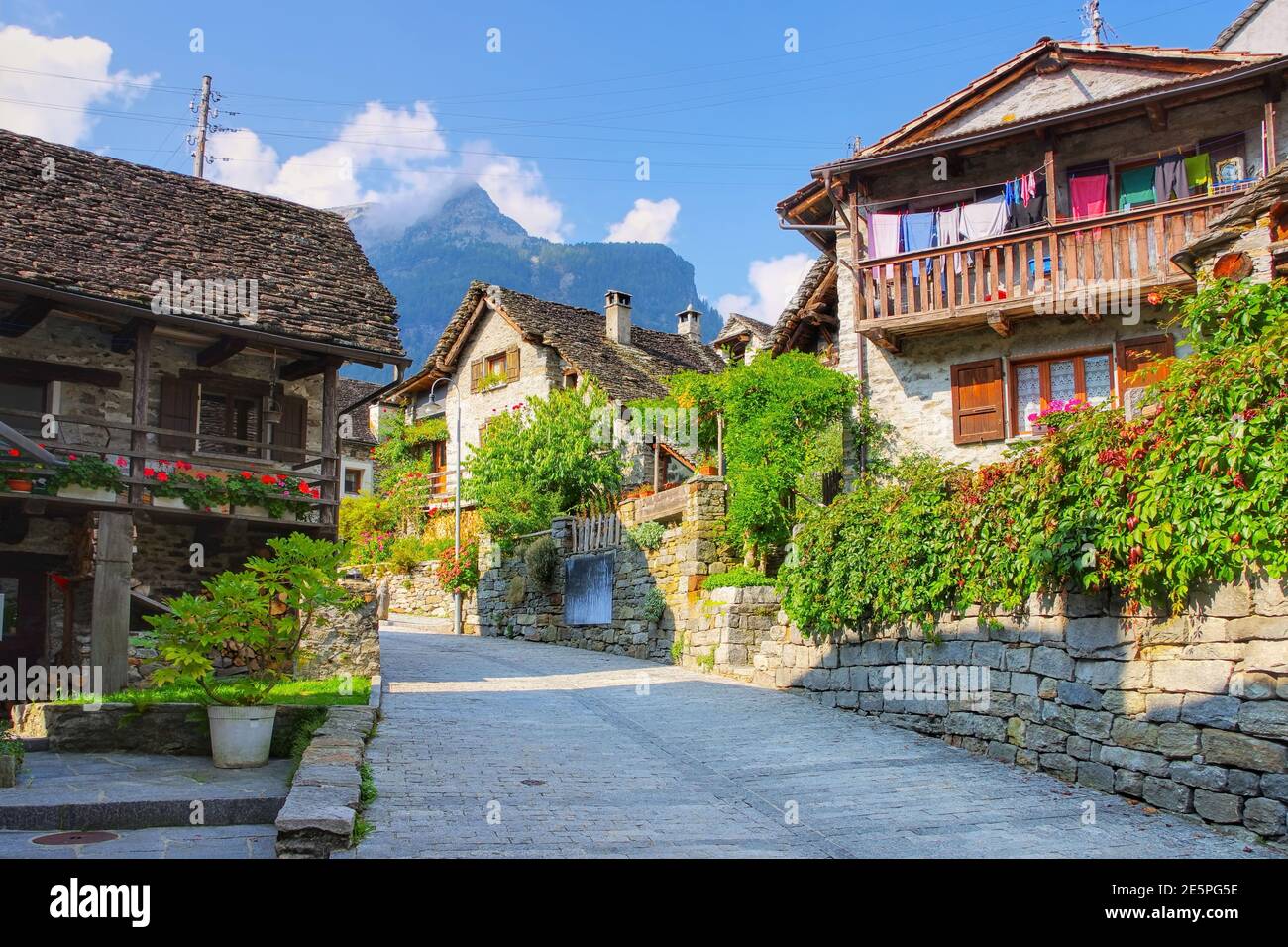typical houses in Sonogno in the Verzasca Valley, Ticino in Switzerland, Europe Stock Photo