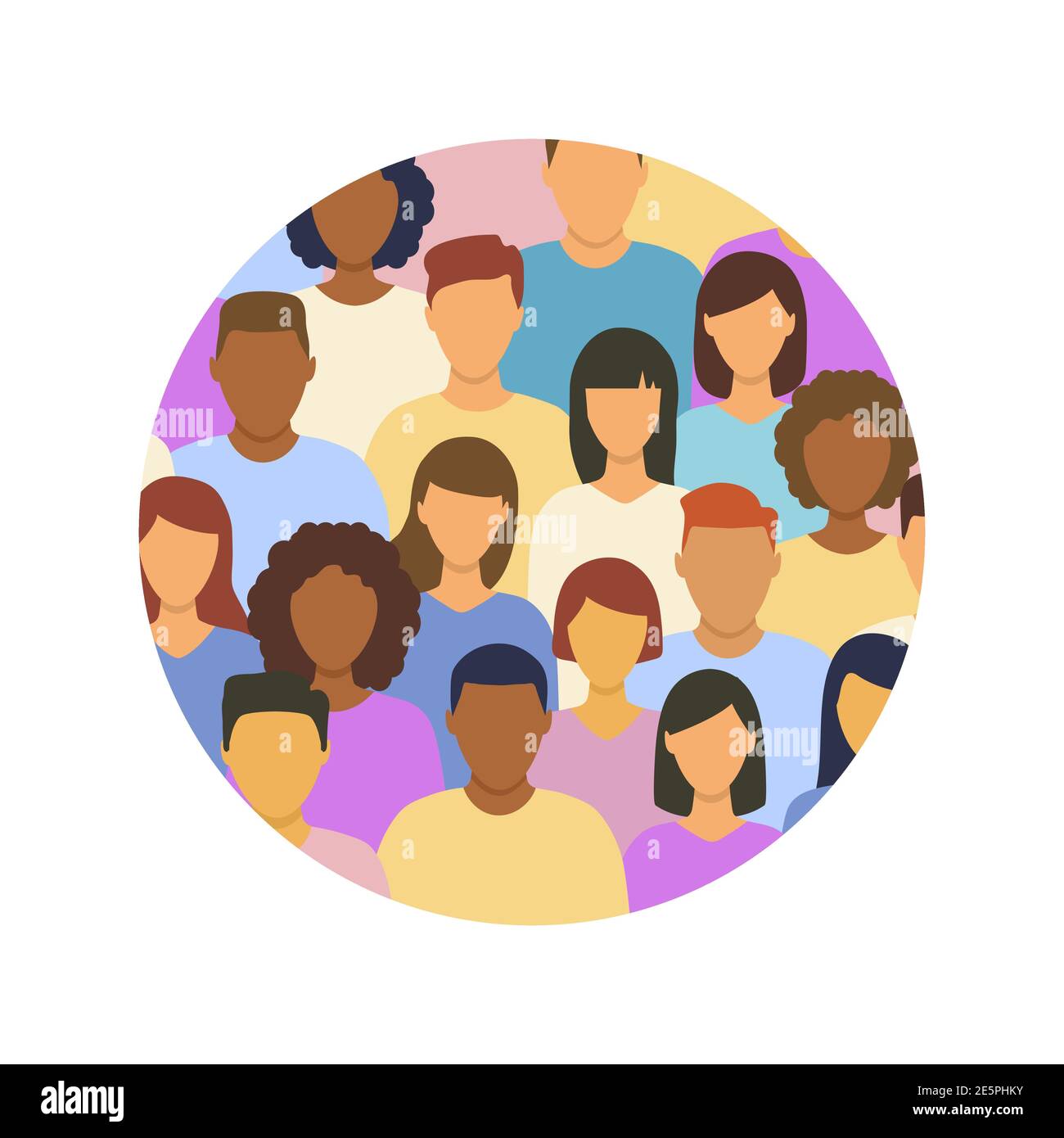 Diverse multicultural group of people standing together  in round shape. Human social diversity crowd vector illustration. Stock Vector