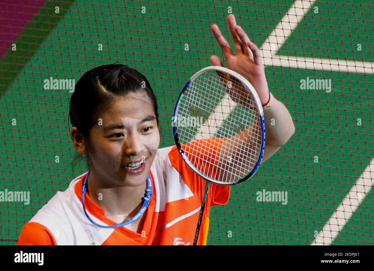 China's Lin Wang celebrates after defeating compatriot Wang Xin in the  women's finals at the 2010 Badminton World Championships at the Coubertin  stadium in Paris August 29, 2010. REUTERS/Regis Duvignau (FRANCE -