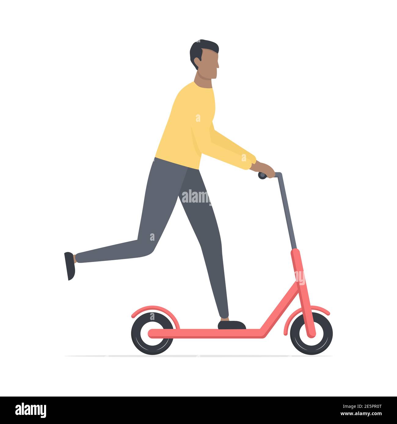 Young cute african man on scooter. Cartoon black skin guy character riding on electric scooter. Healthy lifestyle concept. Stock Vector