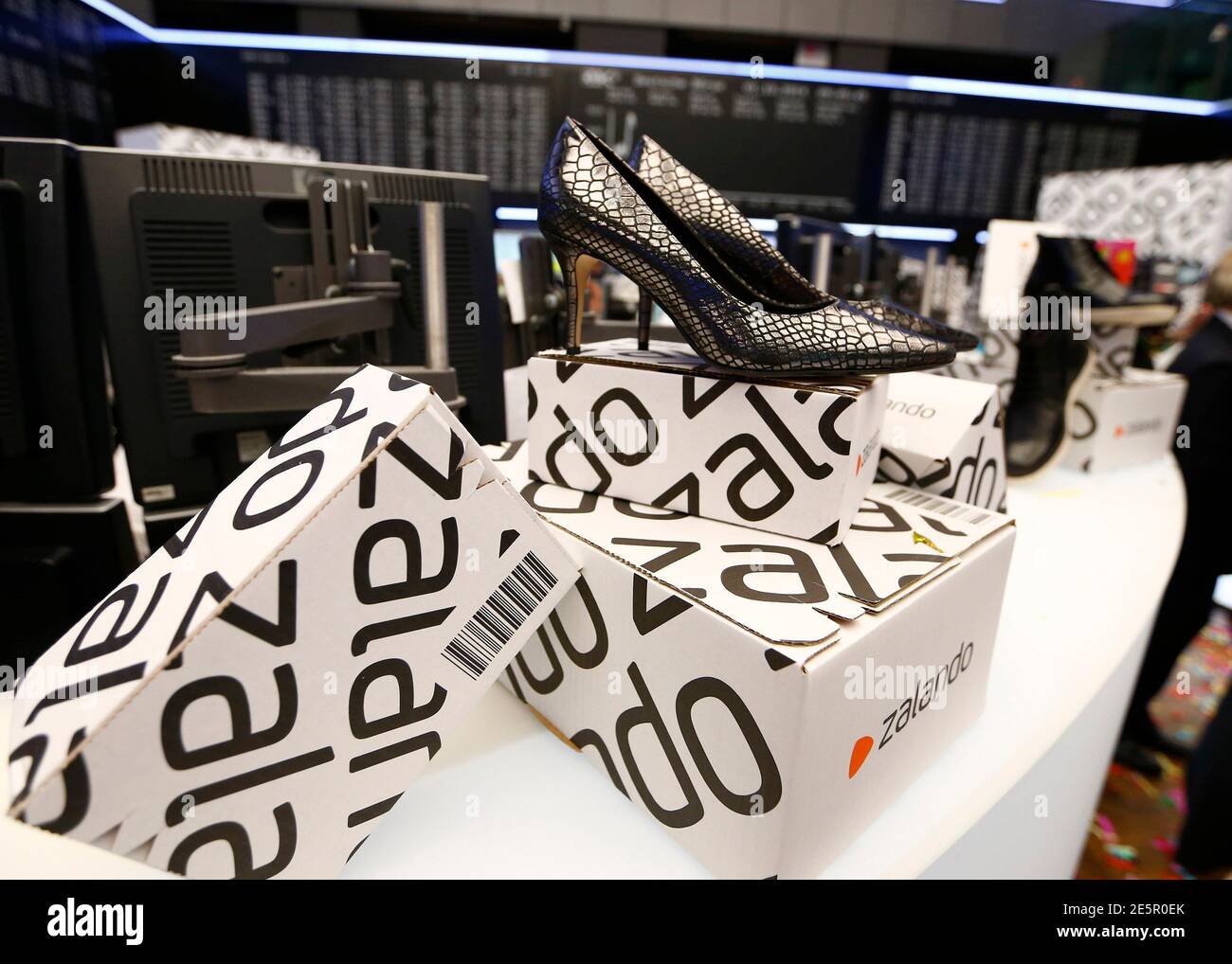 Shoes of fashion retailer Zalando are displayed during the initial public  offering of the company at the Frankfurt stock exchange October 1, 2014.  Shares in Europe's biggest online fashion retailer Zalando started