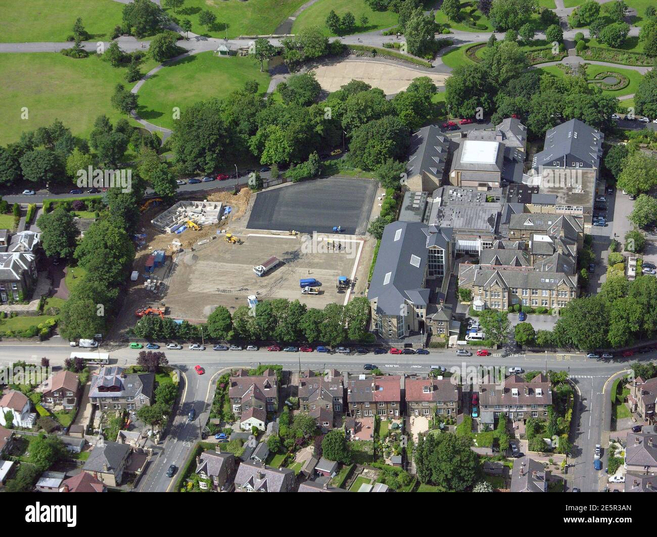 aerial view of Greenhead College in Huddersfield, West Yorkshire (with an all-weather sports pitch under construction) Stock Photo