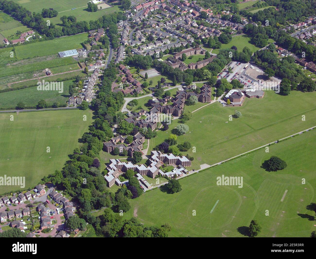 aerial view of The Lawns, a former student accommodation complex for the University of Hull, located in Cottingham, East Yorkshire Stock Photo