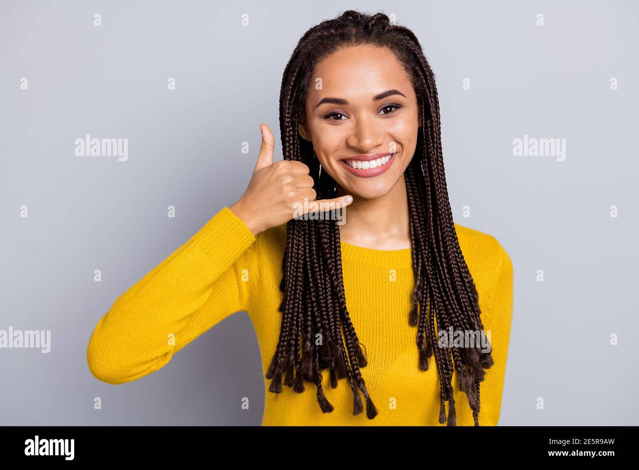Photo of young attractive afro woman happy positive sign gesture call ...