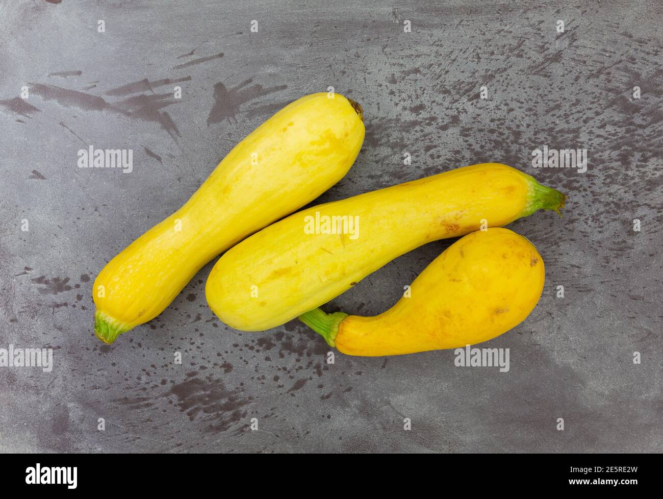 Group of home garden grown yellow summer squash on a gray mottled background. Stock Photo