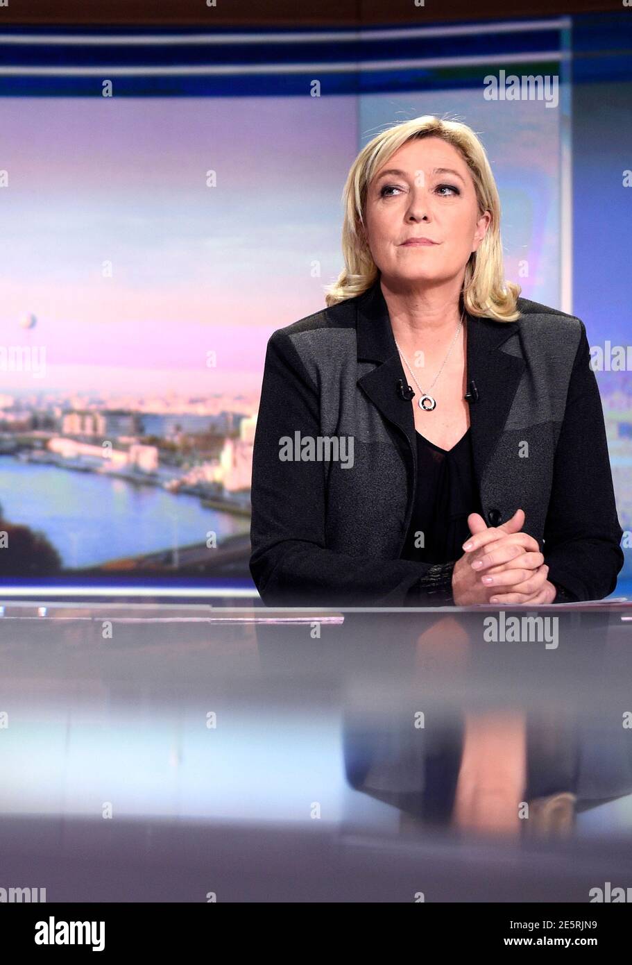 France's far-right National Front political party leader Marine Le Pen  waits before TF1 television evening news programme in Boulogne-Billancourt,  near Paris April 9, 2015. A bitter family feud between National Front leader