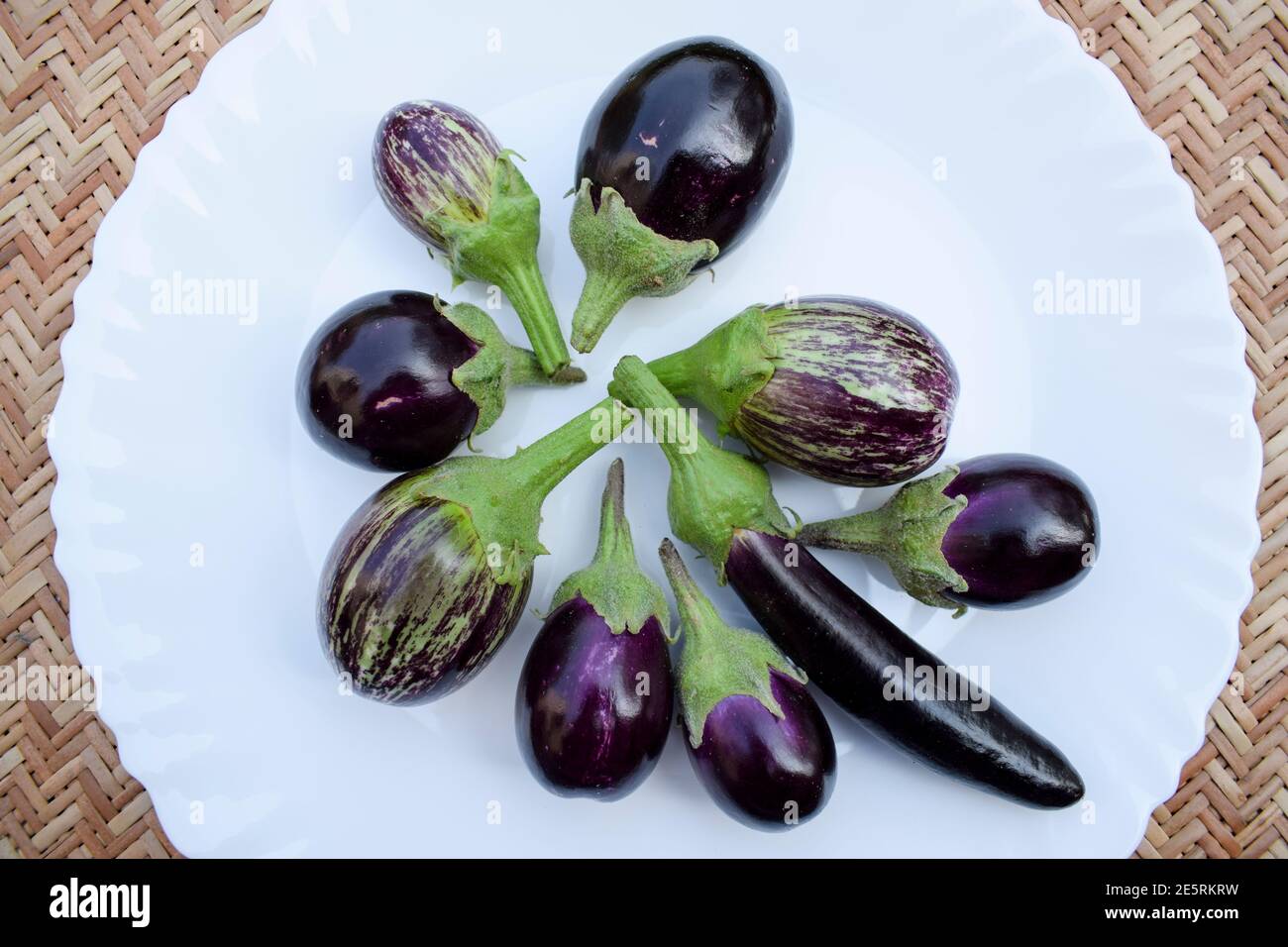 Three different variety types of Brinjals also called Eggplants and