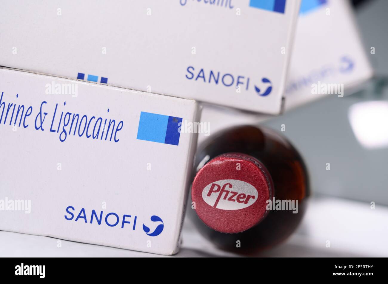 French multinational pharmaceutical company Sanofi to help produce 100 million doses of BioNTech SE and Pfizer Inc.’s coronavirus vaccine. Stock Photo