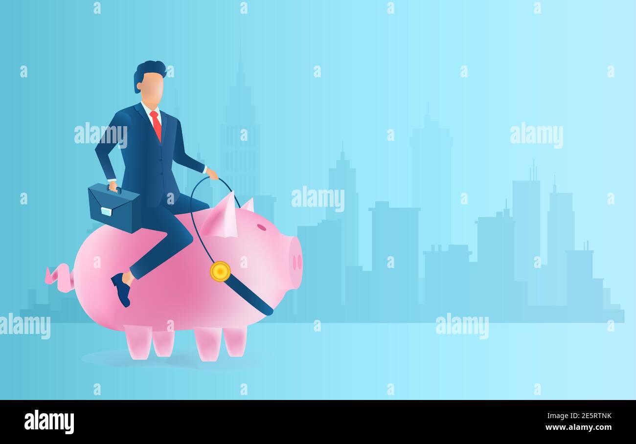 Vector of a businessman riding pink piggy bank on a cityscape ...