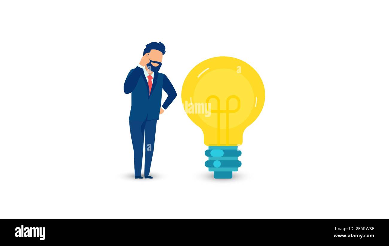 Vector of a thinking businessman with with a bright idea light bulb isolated on white background Stock Vector
