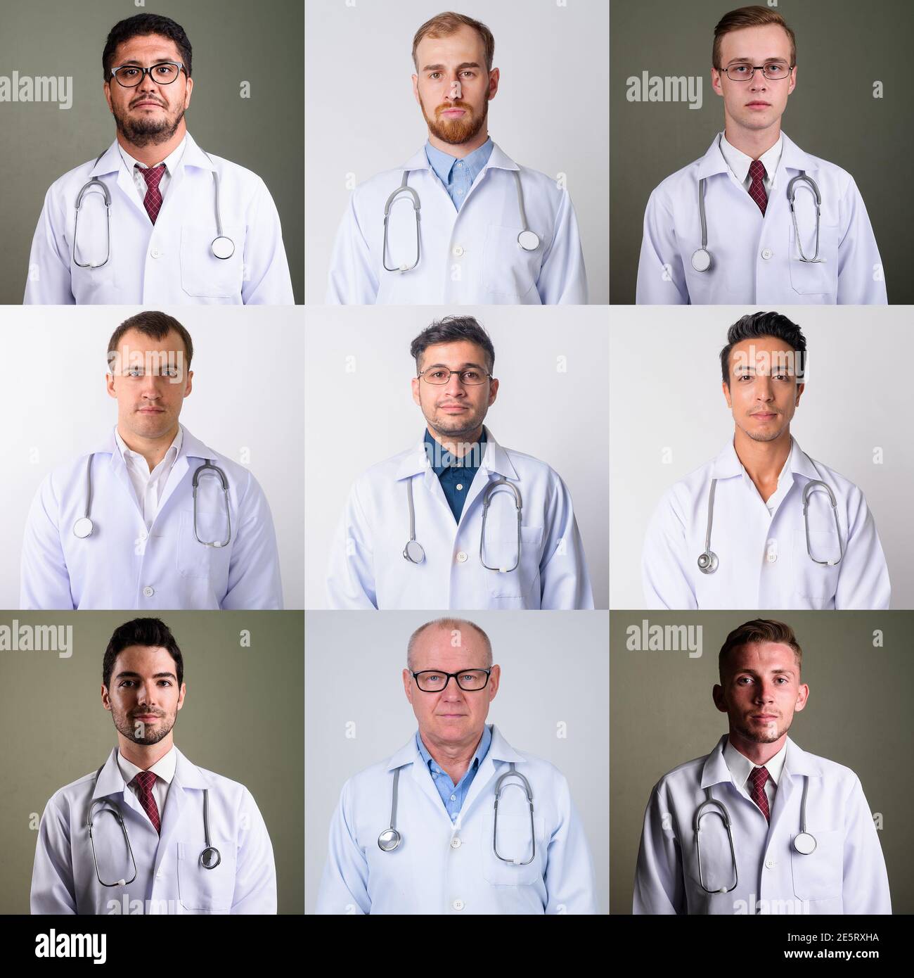 Studio shot of doctors and healthcare workers looking at camera Stock Photo