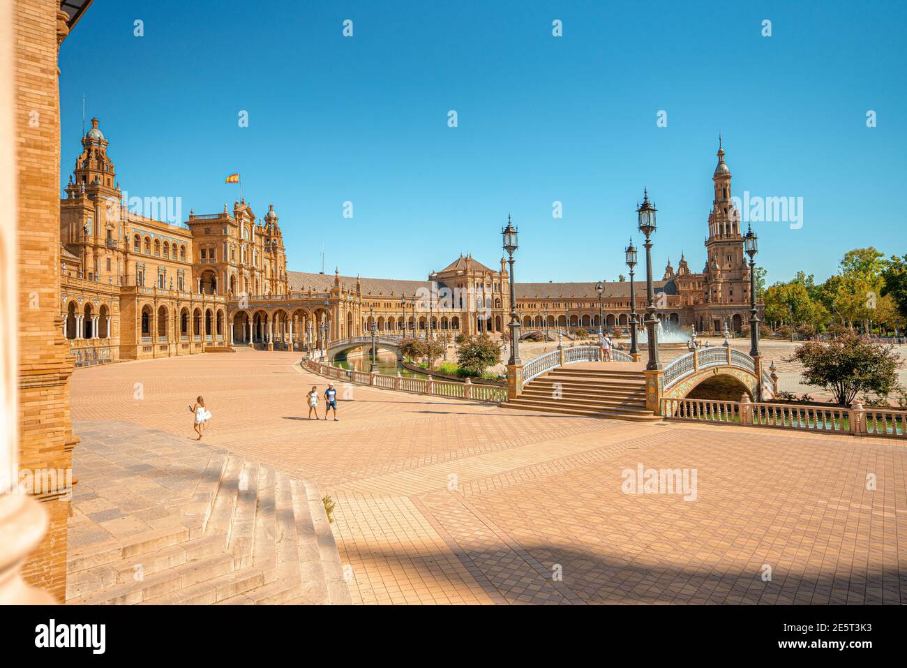 Sevilla, Spain, wide view on the famous landmark Plaza de Espana, day light sunny, blue sky.Architectural details of the palace. Stock Photo