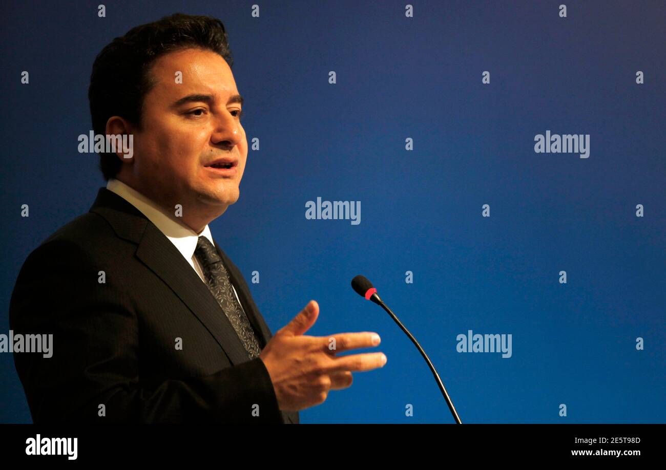 Turkey's Deputy Prime Minister Ali Babacan makes a speech during the G-20 Conference on Commodity Price Volatility in Istanbul September 13, 2011. Turkish Deputy Prime Minister for Economic and Financial Affairs Ali Babacan said on Tuesday that a growth rate of less than 5 percent in 2012 would not be a surprise. The Turkish economy expanded a hefty 8.8 percent year-on-year in the second quarter, after a revised 11.6 percent growth in the first quarter, data showed on Monday. The economy grew 9 percent in 2010. REUTERS/Murad Sezer (TURKEY - Tags: BUSINESS COMMODITIES POLITICS) Stock Photo