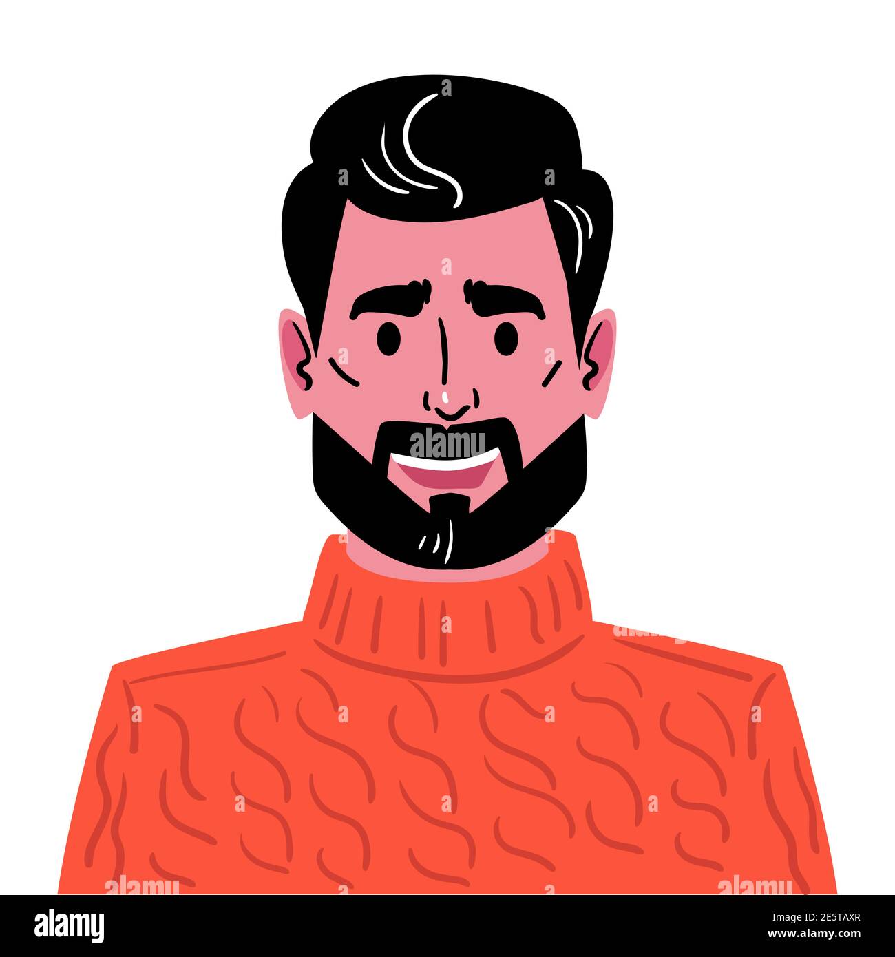 Portrait of a young man with a fashionable haircut, beard and mustache. Illustration of an avatar of a man in a red knitted sweater. Hand-drawn face isolated on white background. Stock Vector