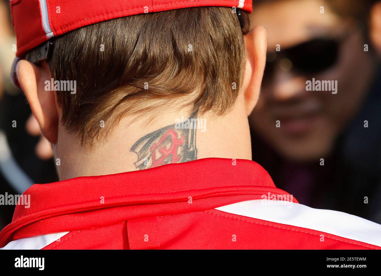 A Tattoo Is Seen On The Back Of Ferrari Formula One Driver Fernando Alonso Of Spain S Neck While He Signs Autographs At The Chinese F1 Grand Prix At The Shanghai International Circuit