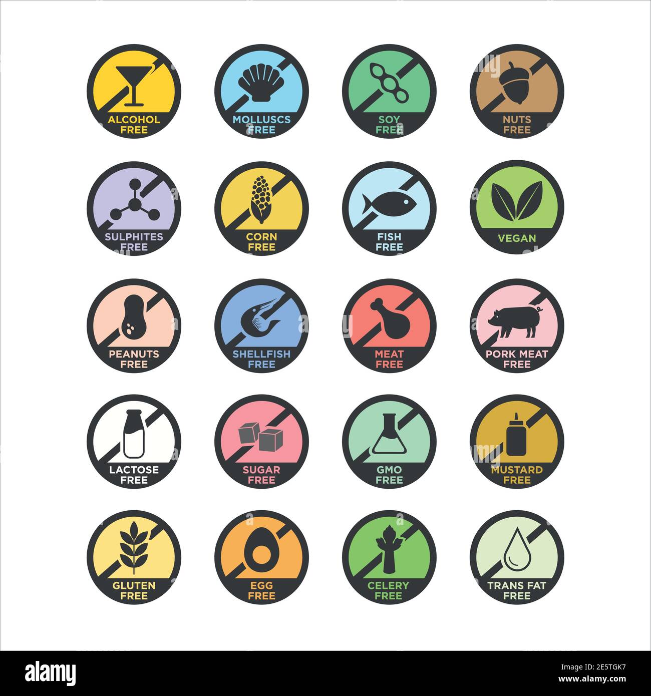 Allergen free icons set. Round and color. Vector illustration for