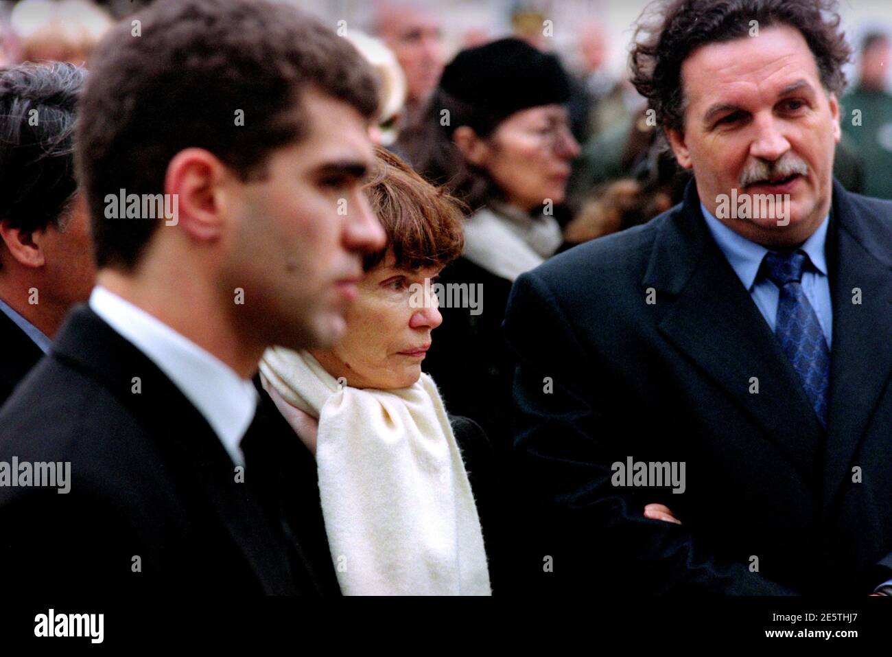 Francois Mitterrand Funeral in his home town of Jarnac in the Charente in south western France 11 January 1996 The Danielle Mitterrand the wife of Francois Mitterrand follow his coffin at the former Presidents funeral on the right is Jean-Christophe Mitterrand the son of both Danielle and Francois. Stock Photo