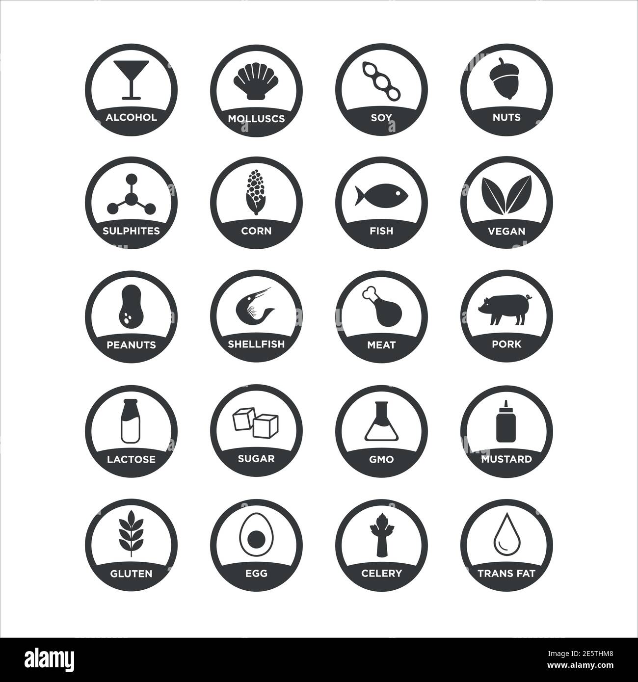 Allergen food icons set. Black and white. Vector illustration for restaurant menus and food products. Stock Vector