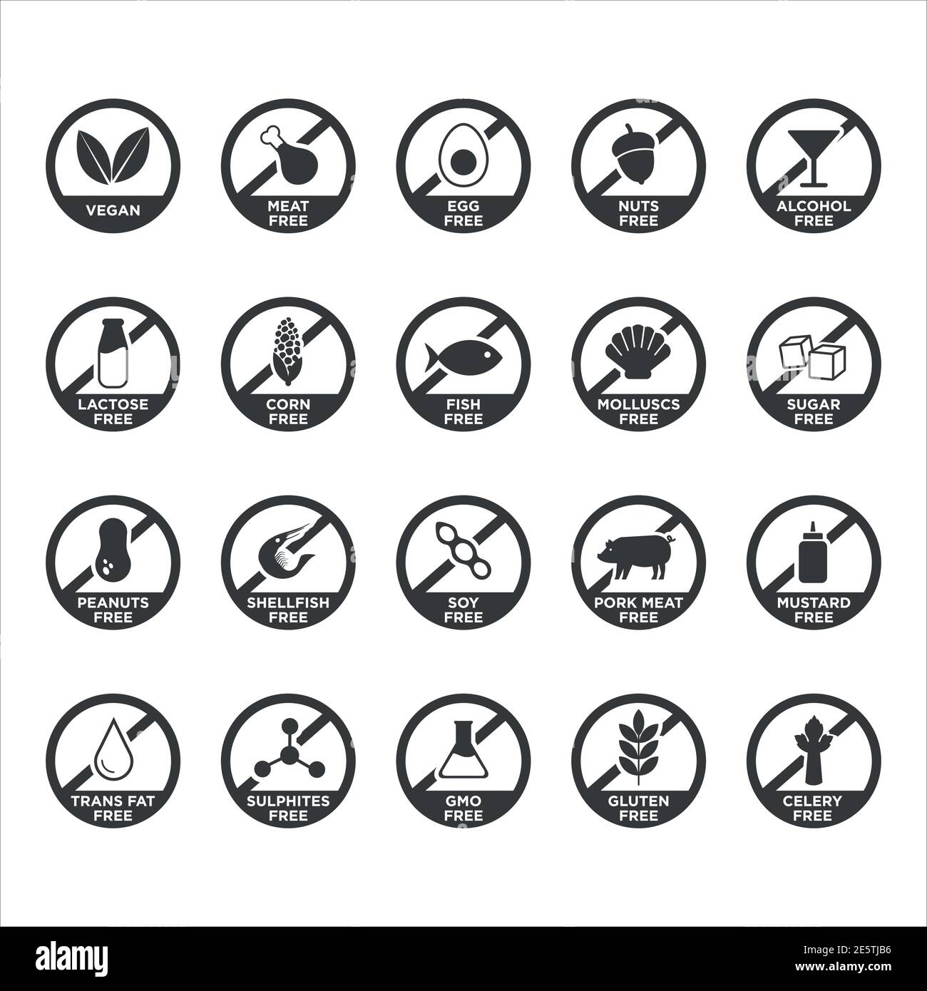 Allergen free icons set. Black and white. Vector illustration for restaurant menus and food products. Stock Vector