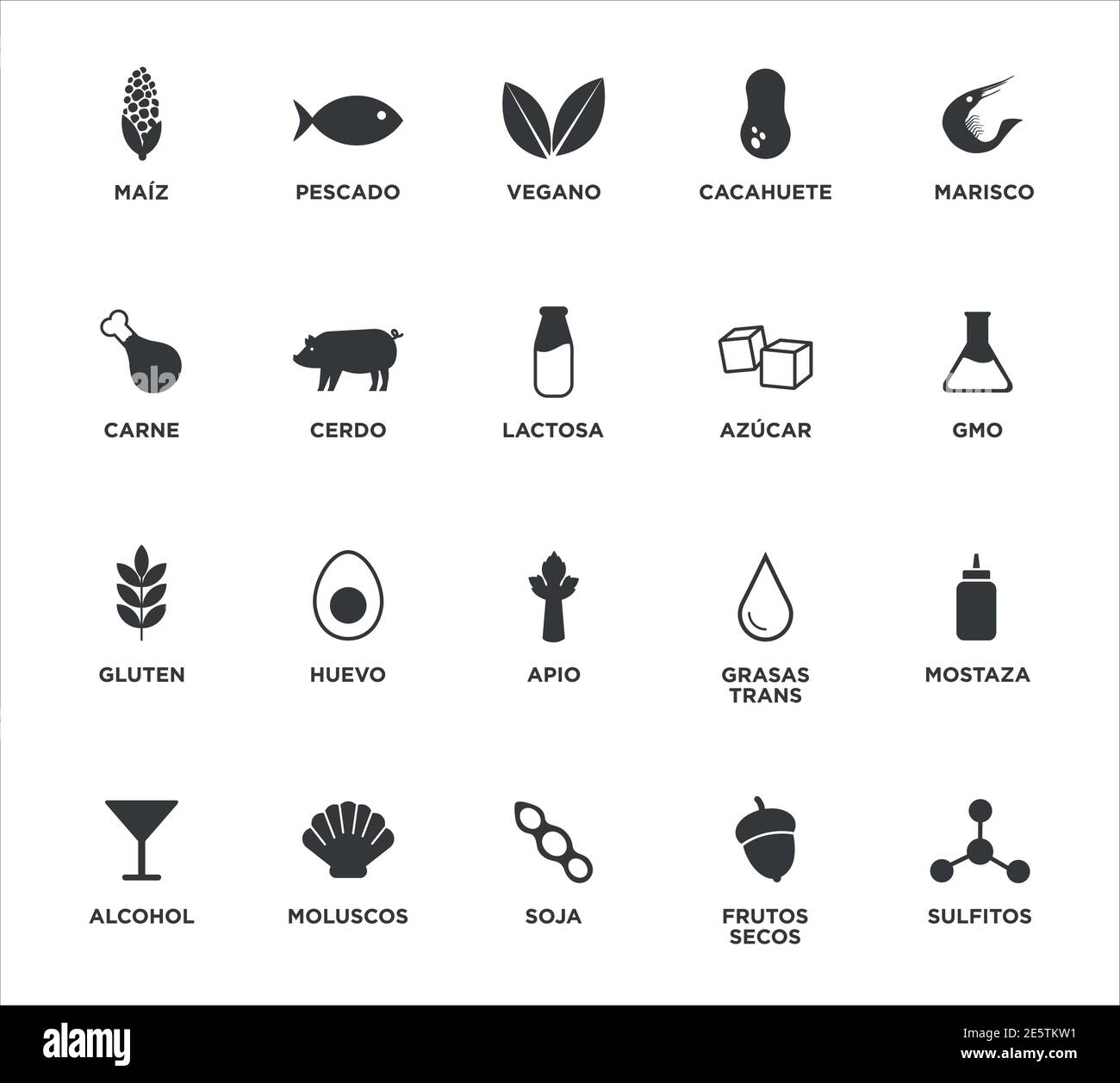 Allergen food icons set written in Spanish. Black and white. Vector illustration for restaurant menus and food products. Stock Vector