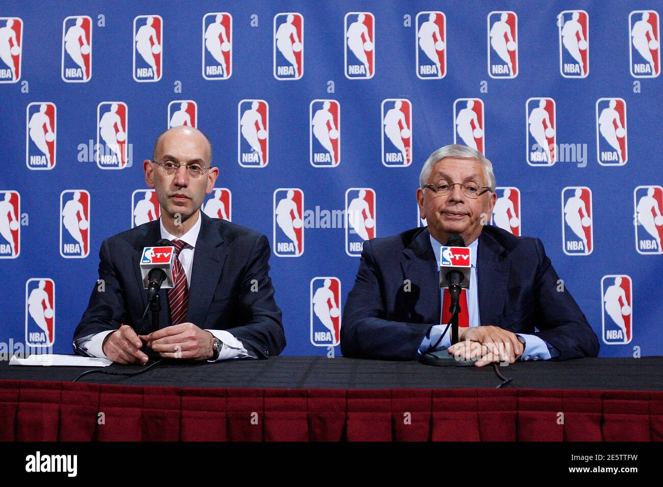 NBA Deputy Commissioner Adam Silver (L) and NBA Commissioner David Stern  arrive at a news conference after holding another round of unsuccessful  contract negotiations between the NBA and the NBA Players Association