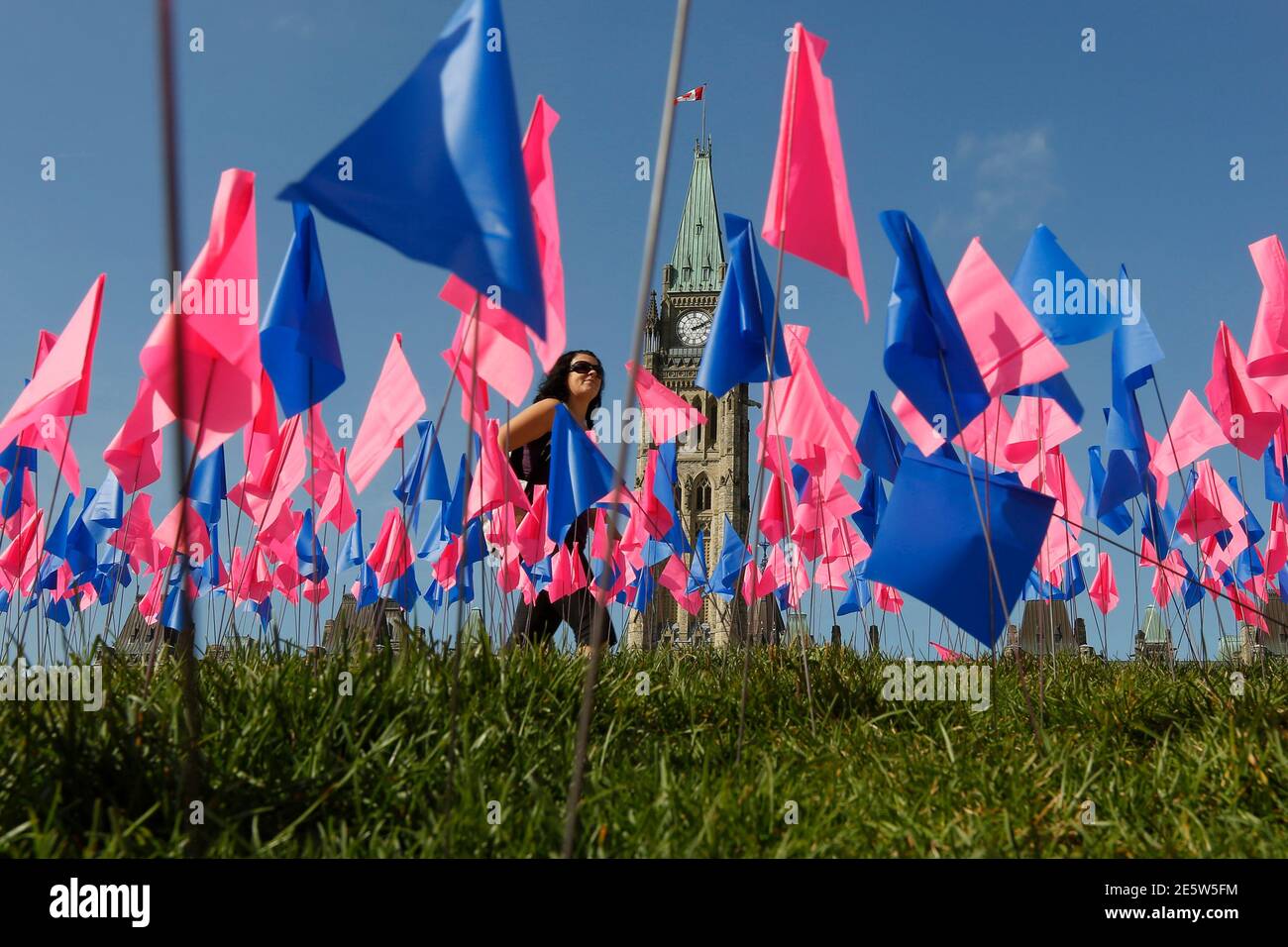 A woman walks past thousands of pink and blue flags an anti-abortion group placed on the front lawn of Parliament Hill as part of a campaign in Ottawa October 2, 2014. REUTERS/Chris Wattie (CANADA - Tags: POLITICS ENVIRONMENT SOCIETY) Stock Photo
