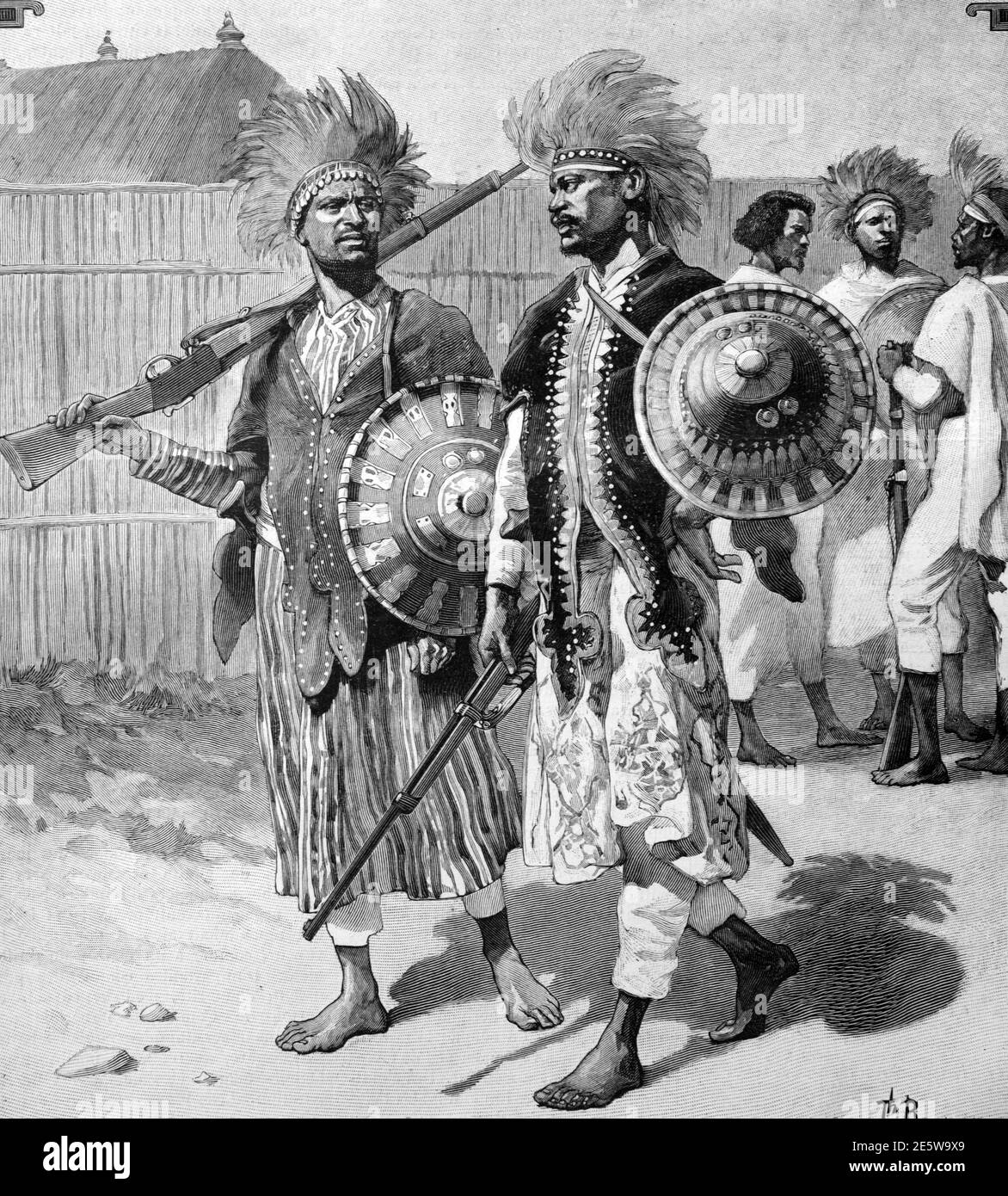 Menelik Guards, Abyssinian or Ethiopian Soldiers in Traditional Military Uniform carrying Shields and Rifles Ethiopia 1903 Vintage Illustration or Engraving Stock Photo