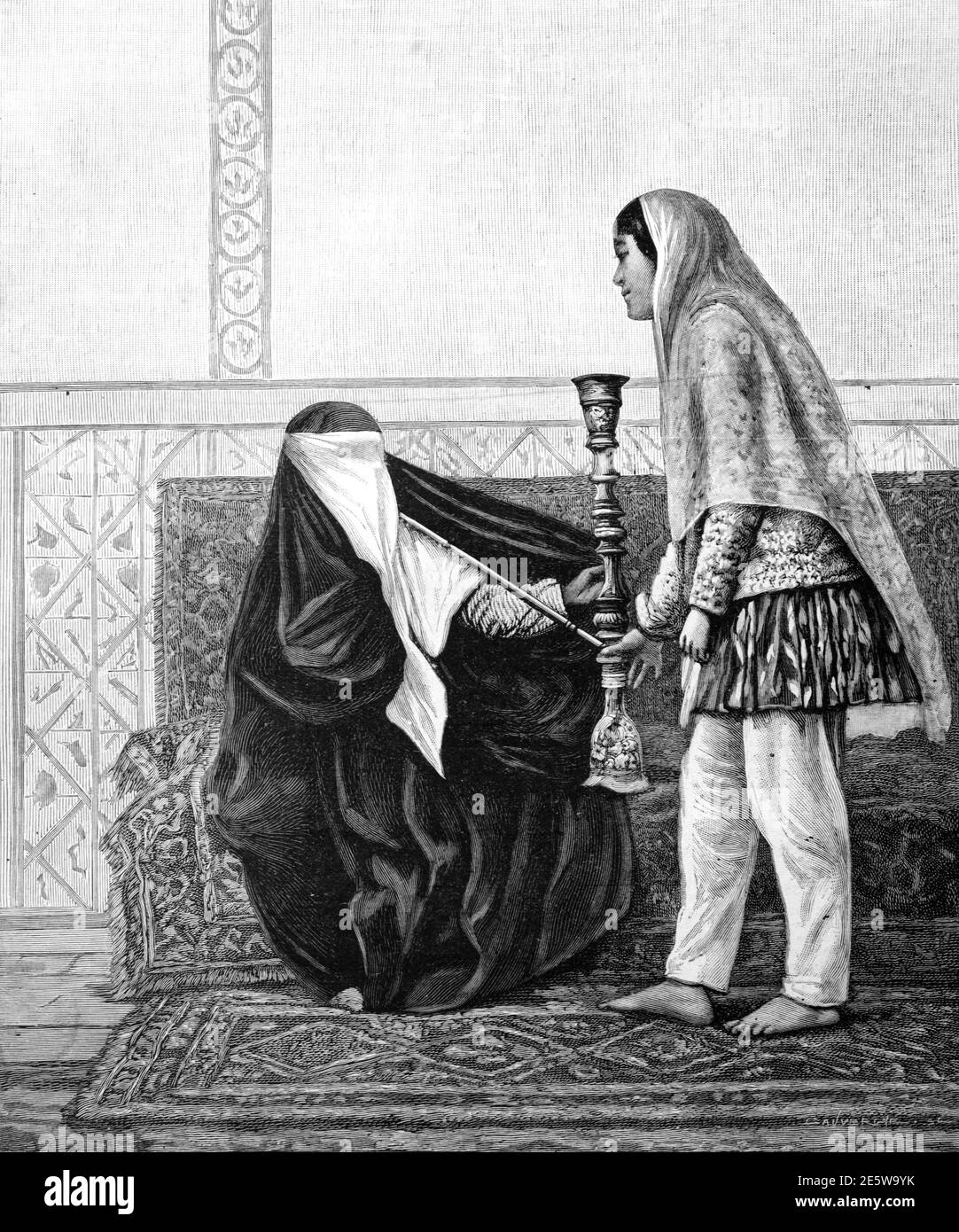 Persian or Iranian Woman Wearing Niqab & Smoking a Shisha, Water Pipe, Hookah or Nargjhile & Slave or Maid Servant Shiraz Iran 1903 Vintage Illustration or Engraving Stock Photo